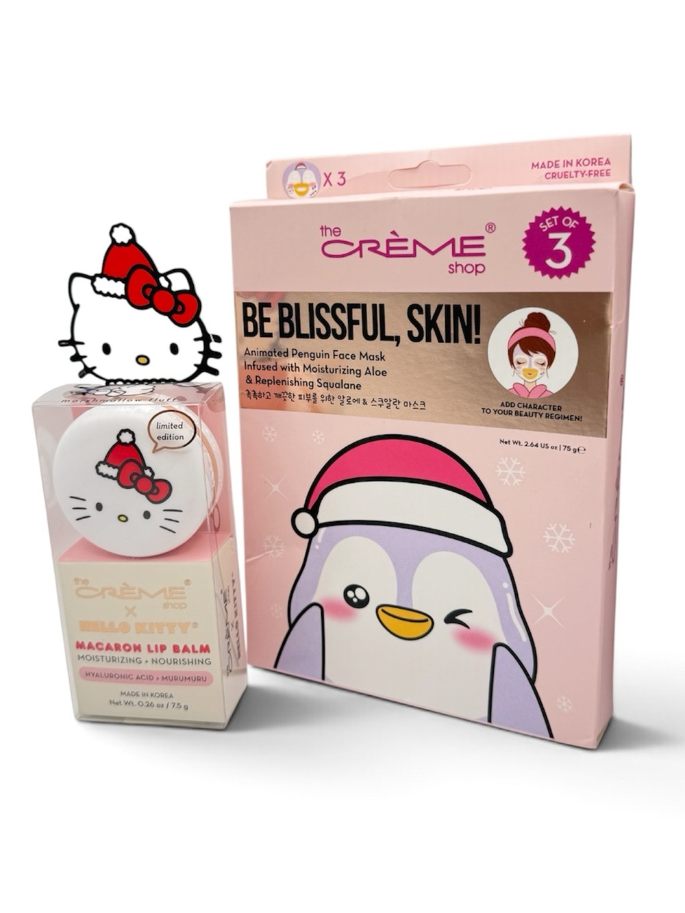 The Crème Shop Hello Kitty Holiday Lip Balm + Penguin Face Masks Gift Set